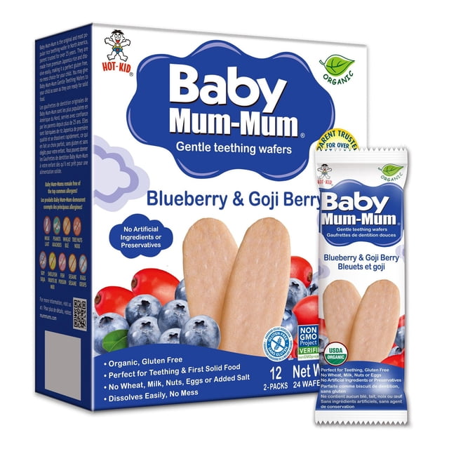 Baby Biscottes de Riz Bio « Mum-Mum » aux Bleuets et Goji Montrant des Gaufrettes Douces pour la Dentition, Faites de Riz Japonaise de Qualité Supérieure, Présentées en Boîte et en Emballage Simple avec des images de Bleuets et de Baies de Goji, Certifiées Biologiques, Sans Gluten, Vérifiées non-OGM, Sans Allergènes et Sans Ingrédients Artificiels Ni Agents de Conservation, Convenant à la Dentition et aux Premiers Aliments Solides.