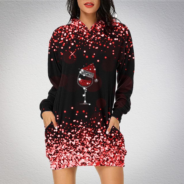 Jsaierl Robe à Capuche de Noël pour Femmes à Manches Longues, Tunique à Capuche à Imprimé Verre de Noël, Chandail de Noël, Robe de Fête avec Poches