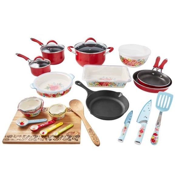 Ensemble de Batterie de Cuisine Antiadhésive Remis à Neuf THE PIONEER WOMAN de 30 Pcs, Rouge - Matériau en Aluminium