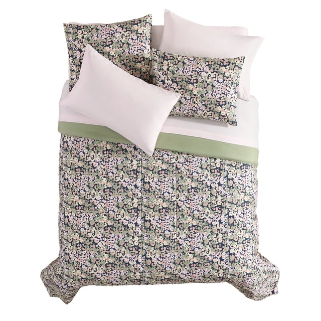 Mainstays Floral Dreams Ensemble de Literie 7 Pcs, Grand Lit avec Couette en Microfibre à Imprimé Floral et Couvre-Oreillers en Rose et Vert sur Fond Foncé, Assorti à des Draps Plats et Ajustés Rose Pâle Uni et des Taies d'Oreiller, Résistant aux Plis et Lavable à la machine, Convient aux Chambres d'Enfants et à une Utilisation Toutes Saisons.