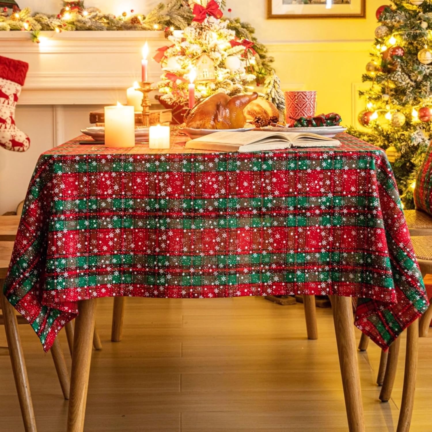 Red Green Plaid Snowflake Christmas Tablecloth 60x84, Tartan Table Cloth Decorations, Winter Holiday Tablecloths for Rectangle Tables Parties Dining Farmhouse Kitchen Decor