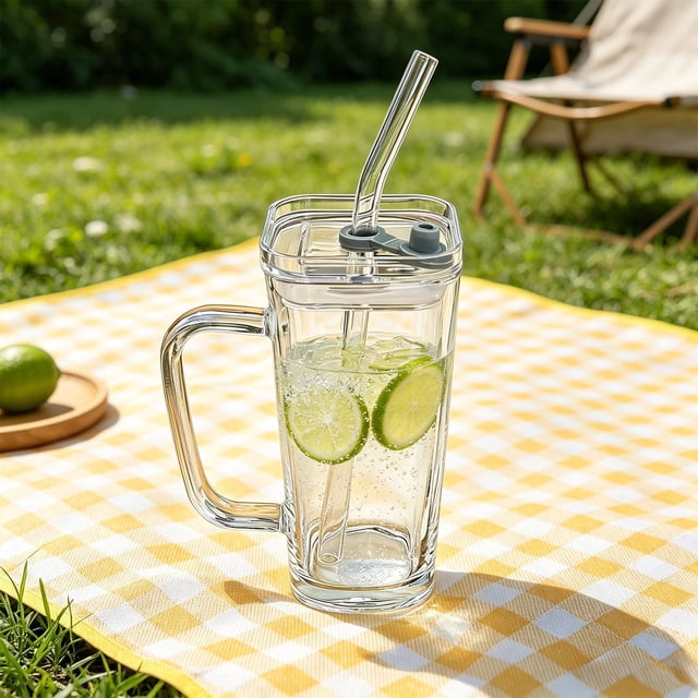 Tasse d'Eau en Verre avec Poignée, Couvercle et Paille Réutilisable, Tasse à Boisson en Verre Trempé Transparent Sans Plomb, 250 ml