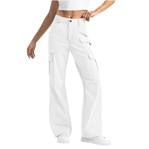 LLYwey on Sale Womens Hiking Pants Ladies Cargo Hiking Pants High Waisted Casual Solid Pocket Wide Leg for Work Casual Outdoor Pants Overalls New Full Length Pants Trousers Regular Fitted White S