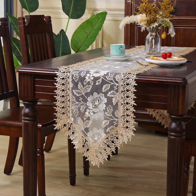 CHUANK Lace Table Runner Embroidered Dresser Scarf Macrame for Kitchen Dining Picnic Coffee Table Wedding Banquet Home Decoration