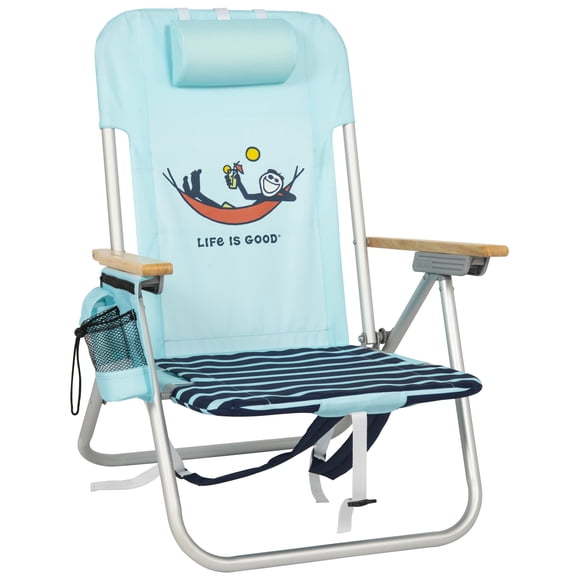 Life Is Good 4-Position Backpack Aluminum Beach Chair With Pillow And Cup Holder Yellow And Navy Blue