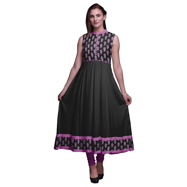 Bimba Kurtis Indiennes Black2 Block pour Femmes, Anarkali Prête à Porter Unie, Robe Imprimée Kurti Indienne, Très Grand