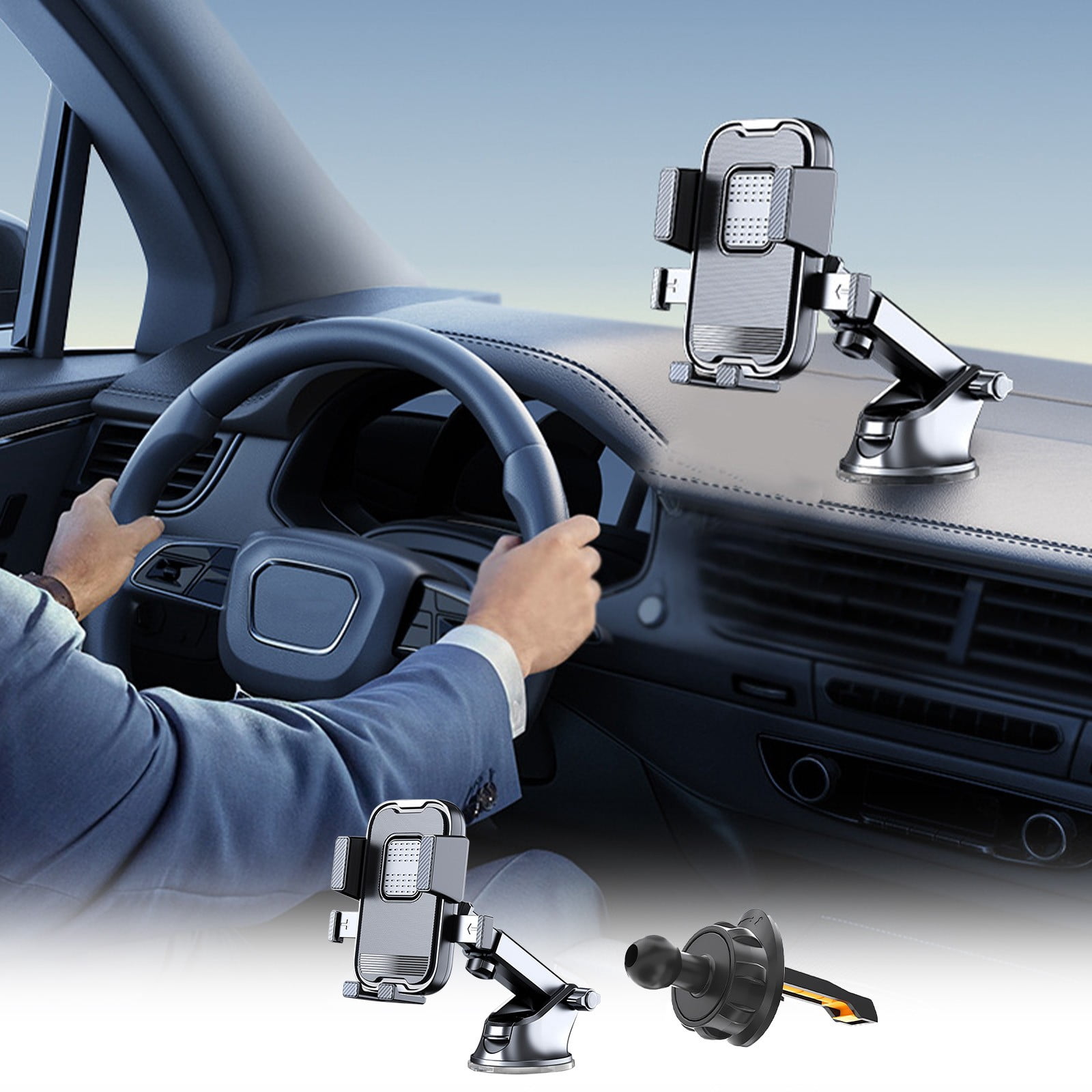 Car Phone Holder Mount | Universal ABS Suction Cup & Vent Clip | Adjustable Flexible Arm | Strong Grip | Dashboard & Windshield | 15.5×7×8cm | Black | For iPhone Android