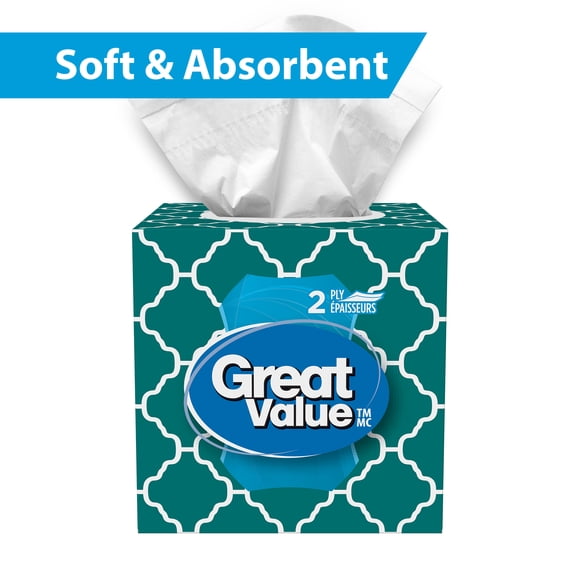 Great Value 2-Ply Facial Tissues, 1 Cube Box, 80 Tissues