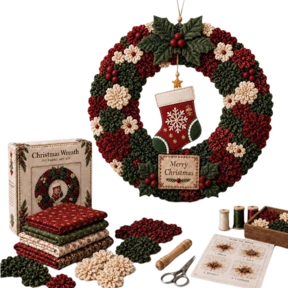 3D Christmas Fabric Poke Wreath Diy Kit, Christmas Wreath Craft Kit Poke Art for Adults, Beginner-Friendly Relaxing Holiday Project, Christmas Craft Kit Handmade Door Decor