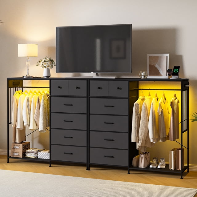 Reversible Wood Top 6-Drawer Dresser, Storage Tower with Hanging Rack, LED Lighting & Charging Station, Sturdy Chest Organizer for Bedroom & Closet, Deco White Black Brown