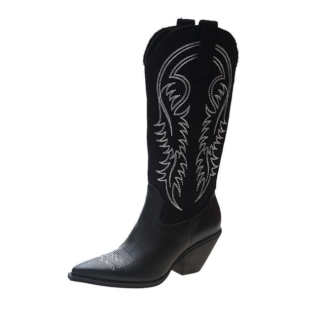 CEHVOM Women's Shoes Retro Embossing Pattern Mid Heel Zipper Leather High Boots