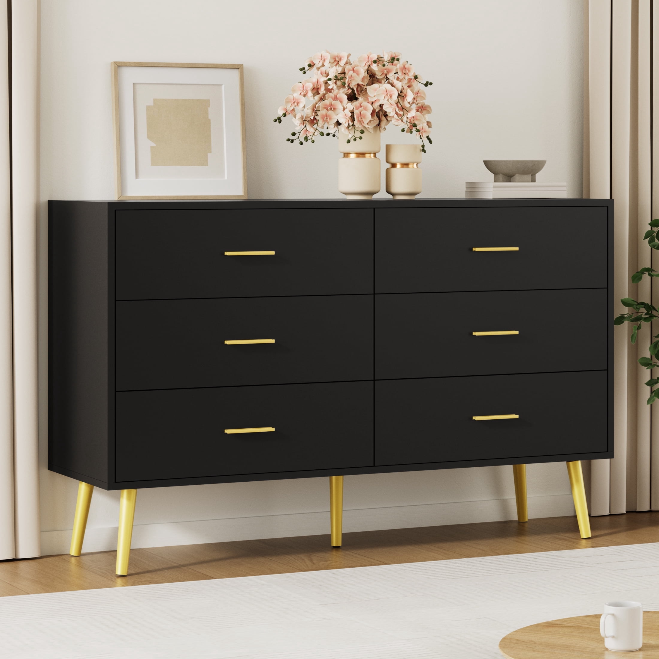 YouTrend 6 Drawer Black Double Dresser, Wood Adult Storage Cabinet with Metal Handles for Living Room,Bedroom