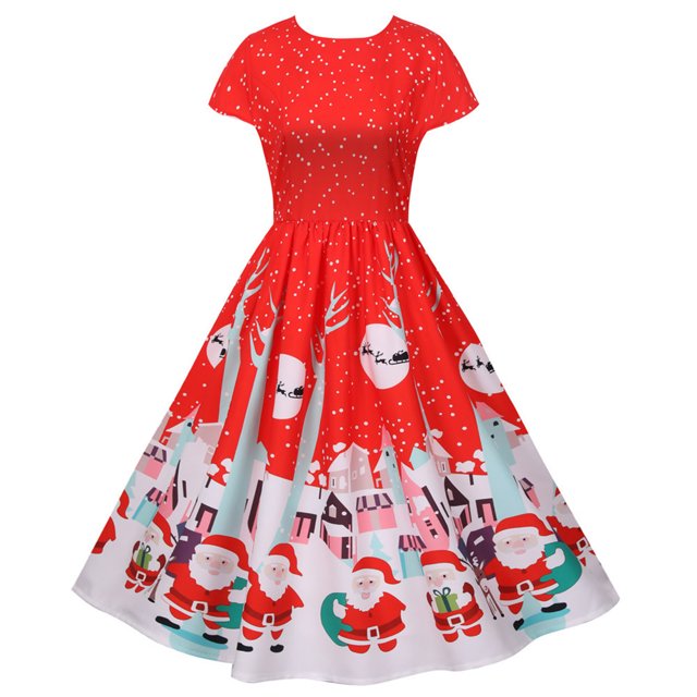 LOVZFMLL Robe Vintage de Noël pour Femmes à Col Rond et Manches Courtes Rouge 2TG