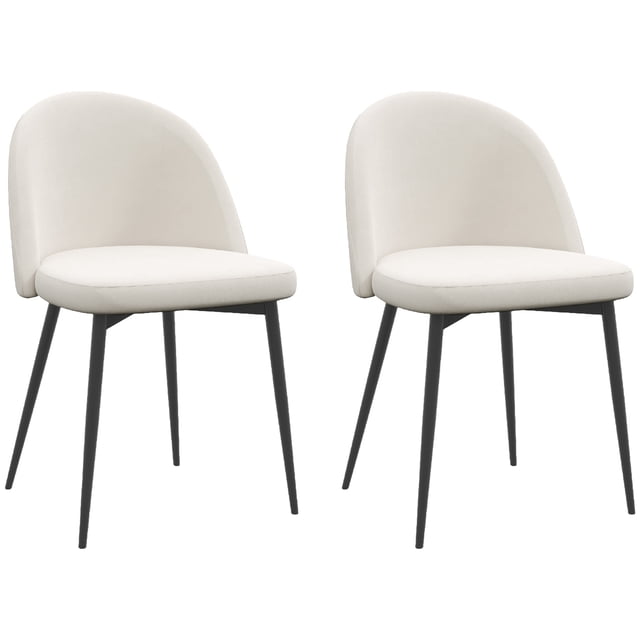 HOMCOM Dining Chairs Set of 2, mid-back velvet-touch upholstery in cream white. Designed with a curved backrest, deep cushioning, and a wide seat supported by four angled black metal legs. Ideal for dining rooms, kitchen seating, living rooms, and home offices.