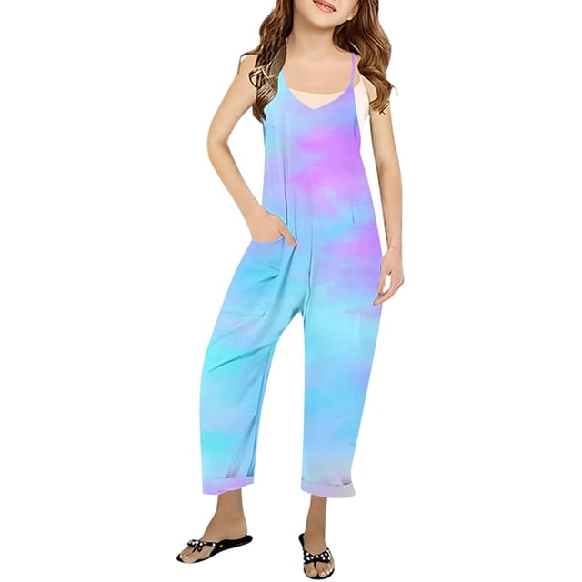 MIASHUI Girls Tie Dye Rompers Sleeveless Spaghetti Straps Jumpsuits Comfy Loose Trousers,Sky Blue,13-14 Years