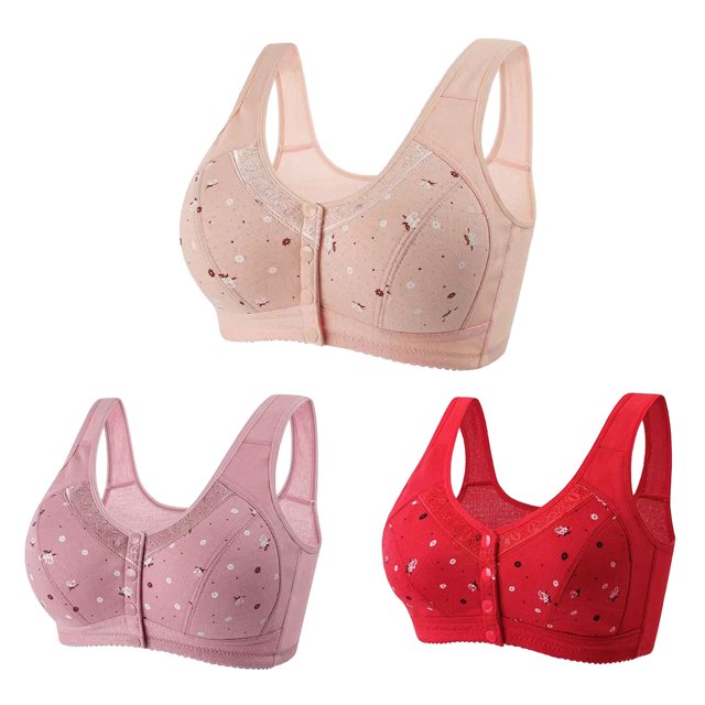 Lenpel Women's Plus Size Front Closure Bras 3 Pc No Underwire Printed Full Coverage Bralettes Comfortable Everyday Bras(Red,4X-Large)