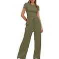 thumbnail image 3 of Birdeem Ensemble 2 Pcs Femme Mode Col Rond Uni Blouse à Manches Courtes + Pantalon Long Taille Élastique, 3 of 12