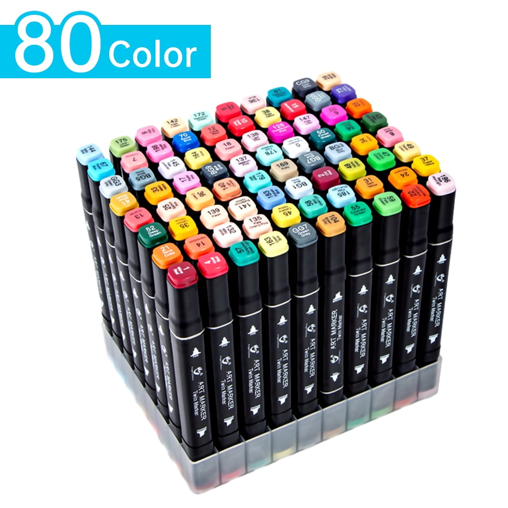 Graflsoa Dual-Tip Alcohol Markers Set with 80 Vibrant Colors, 1mm Fine & 6mm Chisel Tips, Smooth Blending, Transparent Stand, Black Cloth Bag for Anime Art & Design