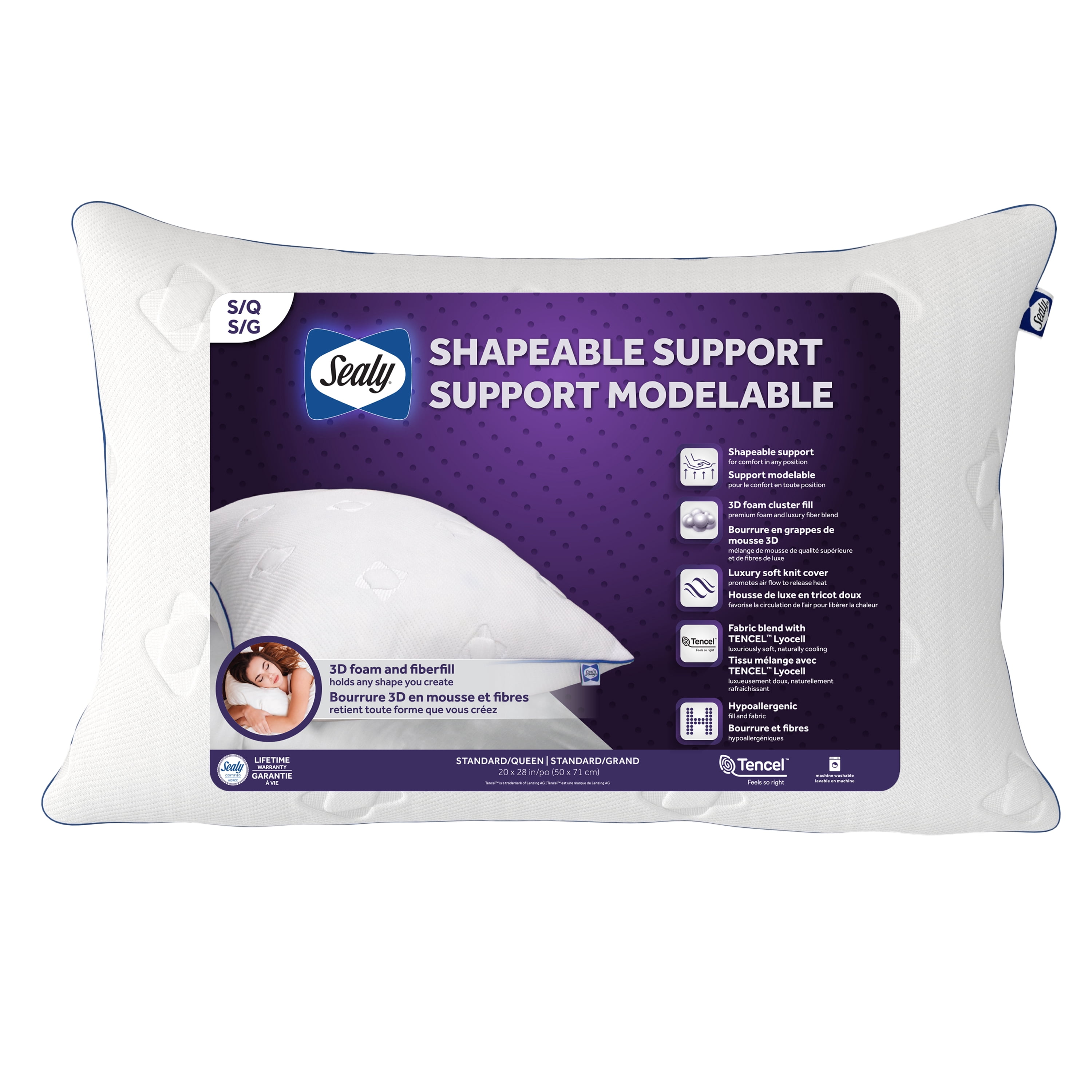 Sealy Shapeable Support Bed Pillow, S/Q- All Positions Foam Fiber Blend Fill, Soft Cool Cover