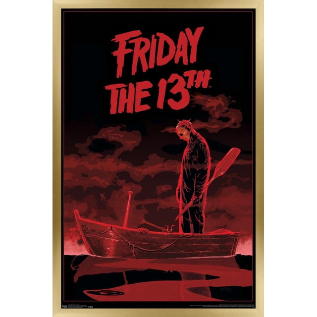 Friday The 13th - Boat Wall Poster, 22.375" x 34", depicts a stylized red and black illustration of a masked figure holding a paddle standing in a wooden rowboat on dark water with red smoke in the background and bold red 'FRIDAY THE 13TH' text above, printed on glossy poster paper suitable for home décor or party decoration.
