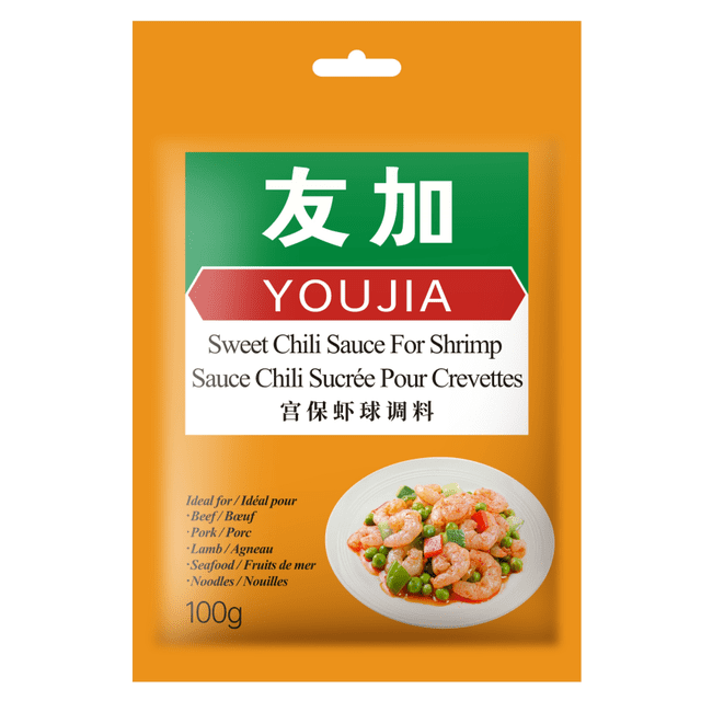 YOUJIA Sweet Chili Sauce for Shrimp 100g pack in orange packaging with bilingual English and French text and Chinese characters, featuring a plate of shrimp stir-fry with vegetables, ideal for enhancing beef, pork, lamb, seafood, and noodle dishes in Chinese cooking.