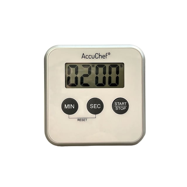 AccuChef Digital Timer Model 2105 in white plastic with a large LCD display showing 2 minutes, featuring three black buttons labeled MIN, SEC, and START/STOP, designed for kitchen use with magnetic back and retractable stand, also suitable for timing exams or workouts.