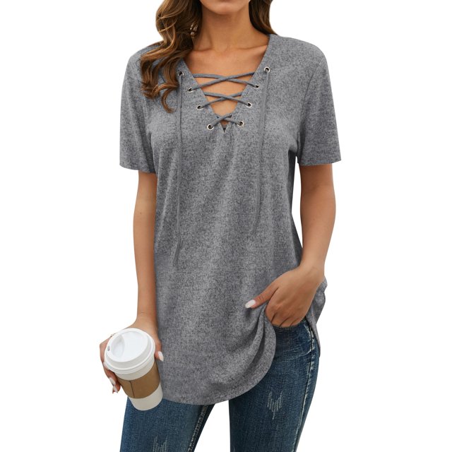 MY Women Solid Color Short Sleeve Tunics Lace-up V Neck Top
