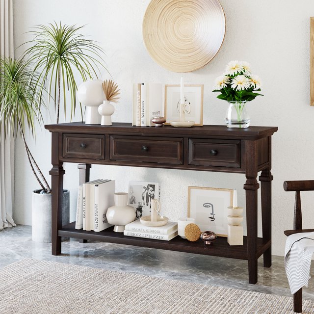 MODERNLUXE Table Console Rétro de 50 Pouces, Table de Sofa, Table d'Entrée avec 3 Tiroirs et Tablette Inférieure Ouverte pour Entrée, Couloir et Salon, Espresso