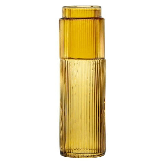 Brilliant - Striped Bedside Carafe and Tumbler Ensemble - Amber featuring a narrow amber lead-free crystal carafe with vertical stripes and a matching tumbler that serves as a cover, ideal for bedside or deskside serveware and convenient for protecting beverages.