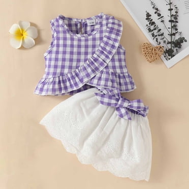 EQWLJWE Summer Outfit Set for girls 0-24 Months Toddler Baby Girls Sleeveless Ruffled Plaid Top Bow Embroidered Half Skirt Set Skirt Baby Clothing Sets Clearance 3 Months-3 Years