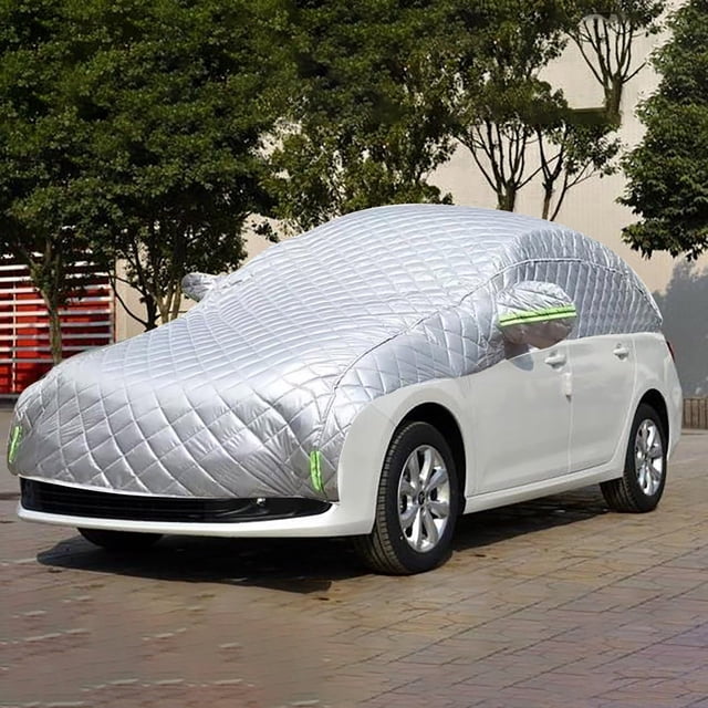 Riforla Car Cover Against Hail, a thick, quilted silver car cover designed to protect vehicles from hail damage. The cover features reflective strips for nighttime visibility and windproof buckles for secure placement. Suitable for sedans, SUVs, coupes, and hatchbacks, it offers all-weather protection against hail up to 50mm, sun, rain, frost, and snow. The image shows the cover fully installed on a white car in an outdoor setting with trees in the background.