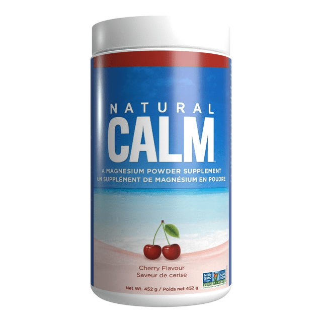 Natural Calm Magnesium Citrate Powder in Cherry Flavour, 452g container. The label features a blue and red design with cherries and text highlighting its quick-absorbing magnesium formula. Suitable for stress relief, improved sleep, and heart health.