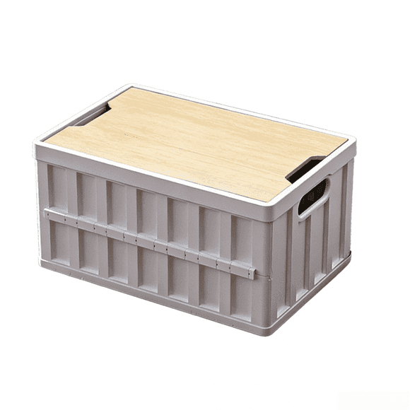 SpaceMuse Camping Storage Box, 50L Foldable Bin with Pine Wood Lid, Collapsible Folding Crate Plastic Storage Crates for Outdoor Activities, White