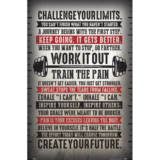 Challenge Your Limits Wall Poster, 14.725" x 22.375", motivational fitness wall art with bold black and red text on a distressed beige background, featuring quotes like 'Keep going. It gets better.' and 'Work it out, train the pain' with a centered barbell graphic, suitable for home or gym decor.