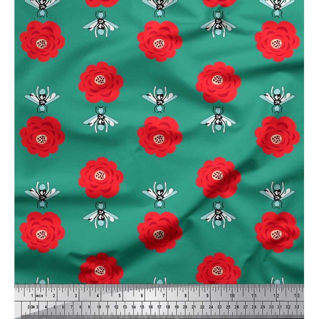 Soimoi Poly Crepe Fabric Floral & Bee Insects Print Fabric by The Yard 52 Inch Wide
