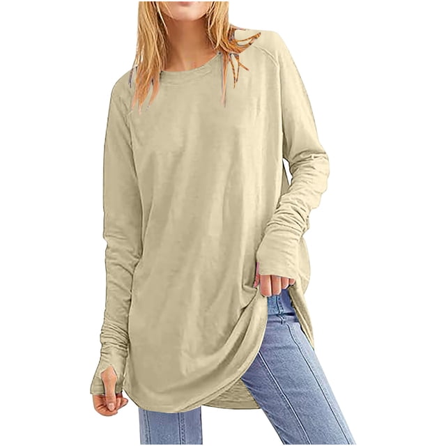 Tuniques à Manches Longues pour Femmes avec Trous pour les Pouces, Couleur Unie, T-Shirts Décontractés Amples, Automne, Tendance, Col Rond, Chandail à Enfiler, Blouses, Beige, M