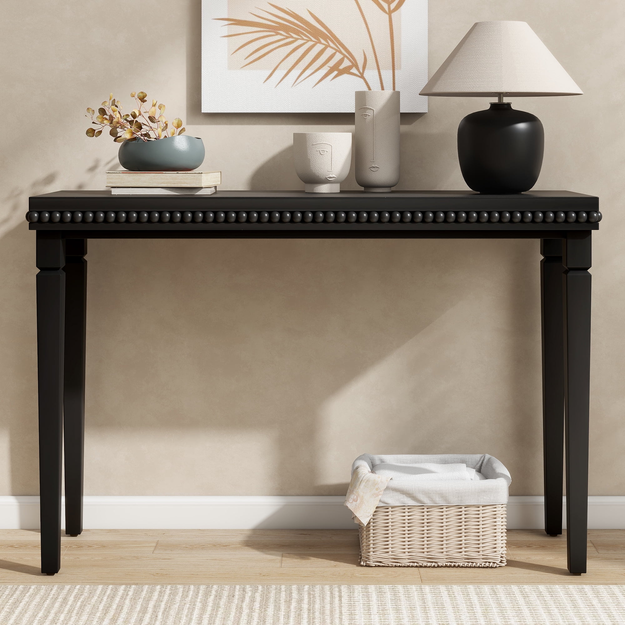 Noble House Table Console de Ferme avec Garniture Perlée, Placage de Bois Naturel Table de Canapé d'Entrée pour Salon et Couloir, Noir