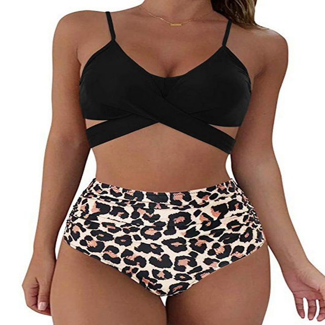 Female Two-Piece Bathing Suit Spaghetti Strap Bikini Tops Leopard Print Bikini Panties Swimsuits Yellow L
