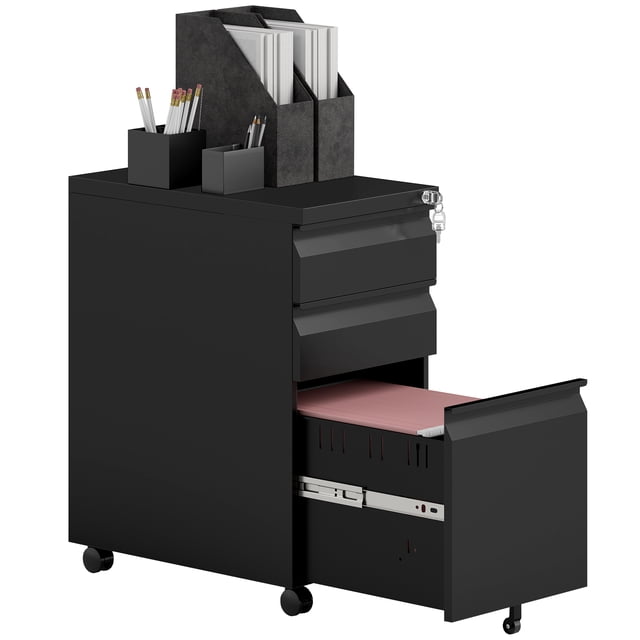 Vinsett 3 Drawer File Cabinet Steel Filing Cabinet A4 Legal Letter Black in a sleek black finish, featuring three drawers with a large bottom drawer equipped with adjustable rails for A4, legal, and letter-sized files. The cabinet includes a top lock with two keys for document security, smooth-rolling swivel casters for mobility, and a middle caster for stability. Designed to fit under desks, it doubles as a compact office furniture solution and printer stand.