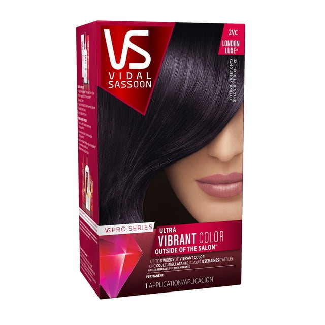 Vidal Sassoon PRO Series Permanent Hair Color box in red and black packaging featuring ultra vibrant, long-lasting permanent hair dye with salon-quality results lasting up to 8 weeks and one application for bold, vivid colour.