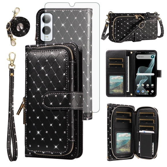Compatible with Cricket Icon 6 SL219C/AT&T Verge SL219A Wallet Phone Case Tempered Glass Screen Protector Bling Crossbody Lanyard Strap Flip Zipper Purse Card Holder Cell Cover for Women Men Black