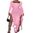 thumbnail image 2 of Femmes Robe Longue Manches Longues Cou Carré Fente Robe Irrégulière Robe de Cocktail Robe, 2 of 6