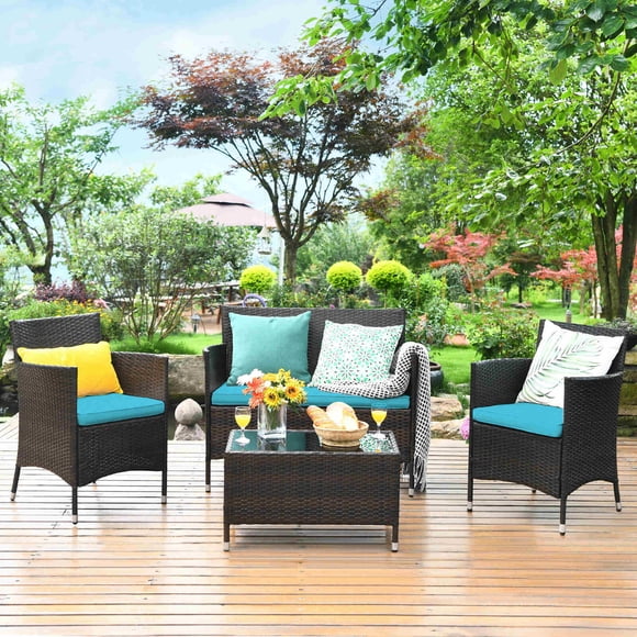 Costway Ensemble de Mobilier de Terrasse Extérieur 4 Pcs en Rotin PE Tressé avec Table, Étagère et Canapé, avec Coussin
