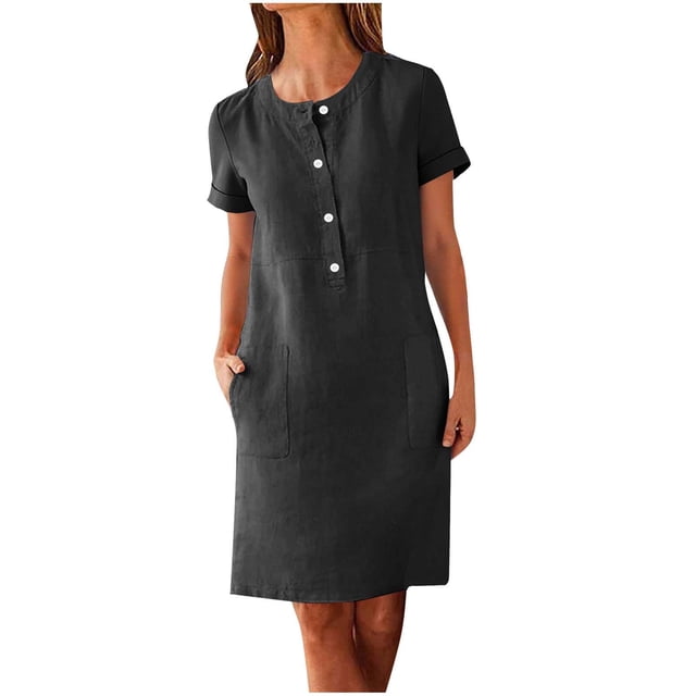 Robes à Manches Courtes pour Femmes Col Rond Faux Lin Uni Midi Longueur Genou Automne Été Robes Boutonnées 2025 Vêtements Mode Concert Country