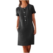 Ladies Short Sleeve Dresses for Women Crew Neck Faux Linen Plain Midi Knee Length Fall Summer Dresses Button Up 2025 Clothing Fashion Country Concert