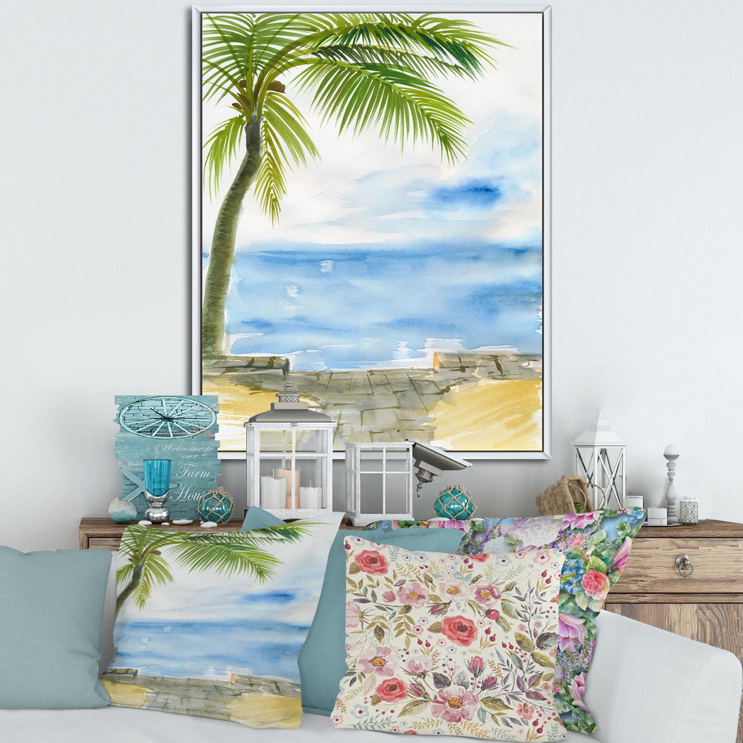 Designart Palm Beach Resort à l'aube II ART MURAL À CADRE FLOTT