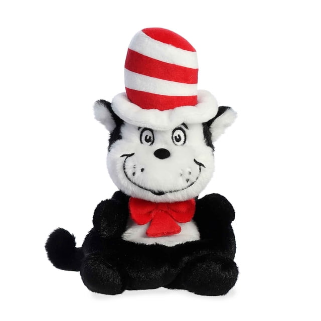 Aurora Palm Pals - Dr. Seuss Cat In The Hat 5-inch plush toy featuring a soft, fluffy texture and high-quality materials. This black and white stuffed animal showcases the iconic Cat in the Hat design with a red and white striped hat and a red bow tie. Filled with bean pellets for added stability, it is suitable for all ages and perfect for imaginative play or as a collectible.