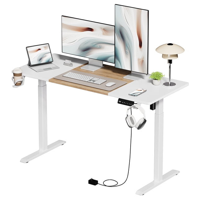 GUANITO Bureau Debout Électrique Réglable de 55 Pouces, Grand Espace de Travail avec 2 Crochets, Bureau Ergonomique Assis-Debout, Résistant aux Rayures et Imperméable, Bureau à Hauteur Réglable pour le Travail et la Maison, Beige