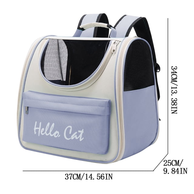 Pompotops Outdoor Portable Pet Backpack Breathable Large Capacity Pet Backpack designed for small animals, featuring a light blue and cream colour scheme with 'Hello Cat' text on the front pocket. The backpack includes mesh panels for ventilation, adjustable shoulder straps, and a spacious interior measuring 37x34x25cm. Made of durable nylon material, it is wear-resistant, easy to clean, and ideal for pet travel or outdoor use.