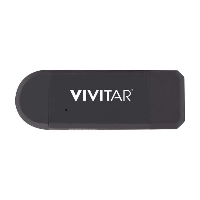 Desktop USB CARD READER by Vivitar, a compact black rectangular device with rounded edges and white logo, shown top-down, designed for reading and transferring data from multiple memory cards via USB connection, suitable for digital memory card management.